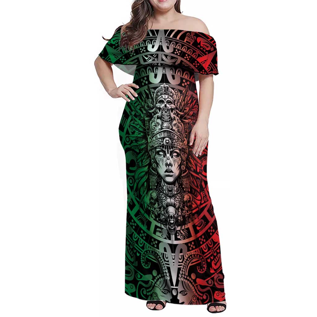 Mexico Aztec Warrior Goddess Family Matching Off Shoulder Maxi Dress and Hawaiian Shirt Aztec Skull Tribal Calender Tricolor Spirit