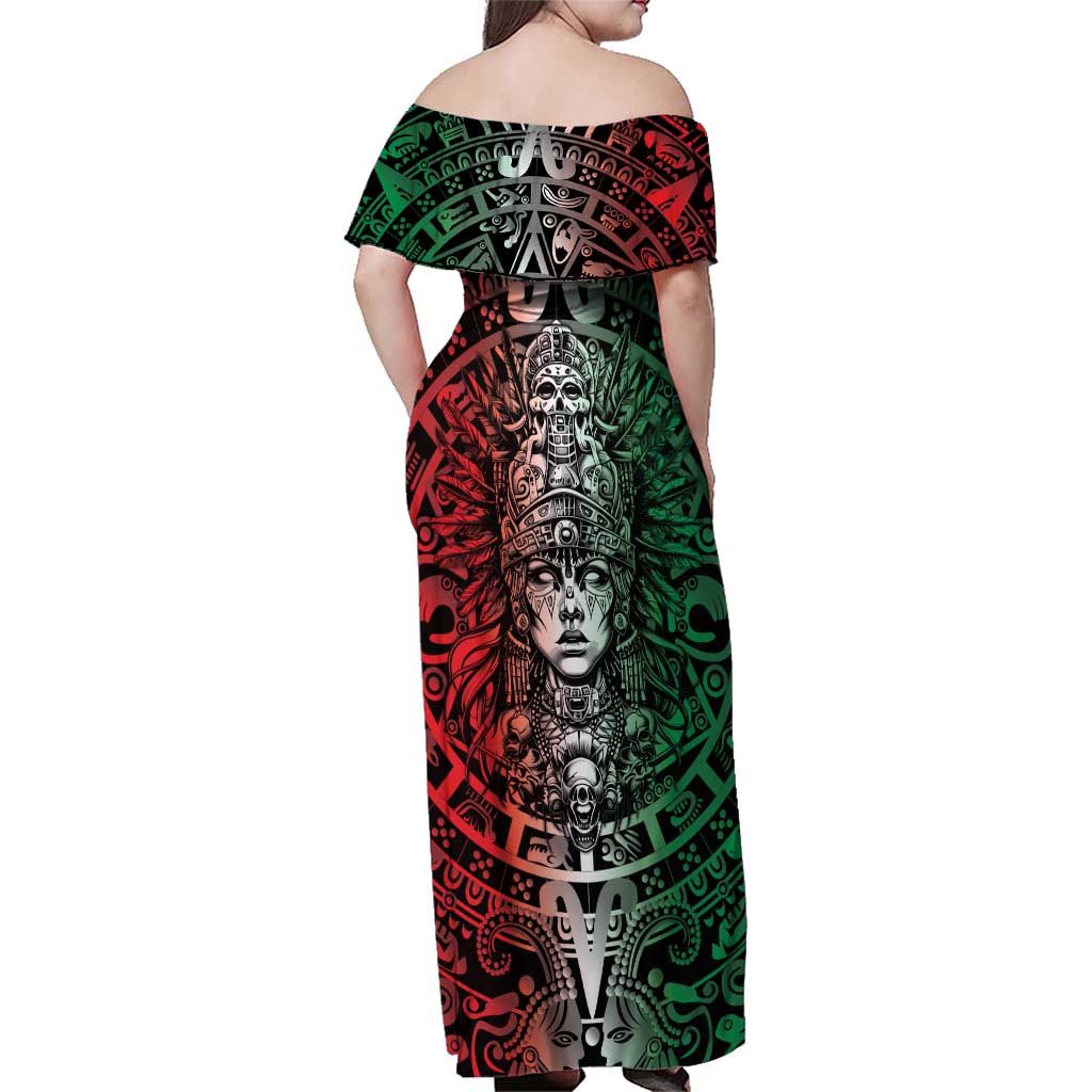 Mexico Aztec Warrior Goddess Family Matching Off Shoulder Maxi Dress and Hawaiian Shirt Aztec Skull Tribal Calender Tricolor Spirit