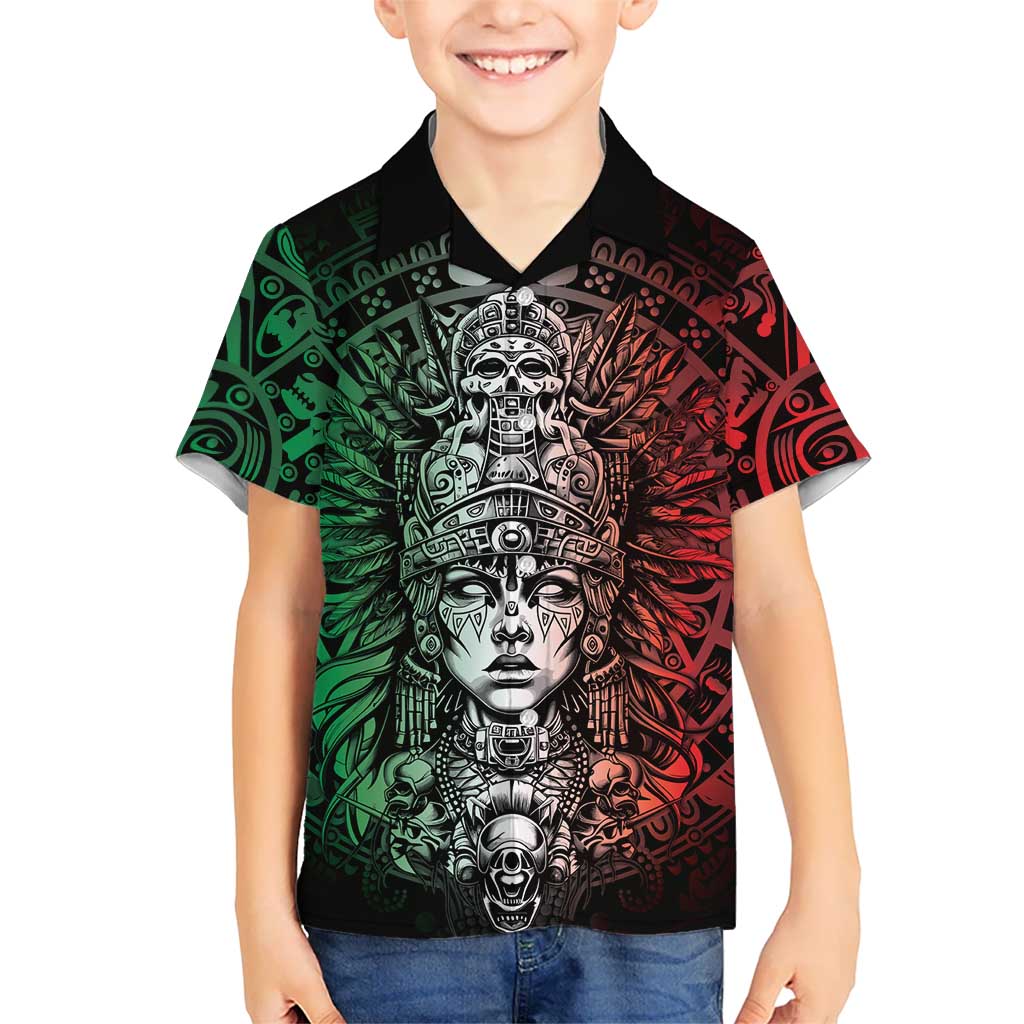 Mexico Aztec Warrior Goddess Family Matching Off Shoulder Maxi Dress and Hawaiian Shirt Aztec Skull Tribal Calender Tricolor Spirit