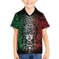 Mexico Aztec Warrior Goddess Family Matching Off Shoulder Maxi Dress and Hawaiian Shirt Aztec Skull Tribal Calender Tricolor Spirit