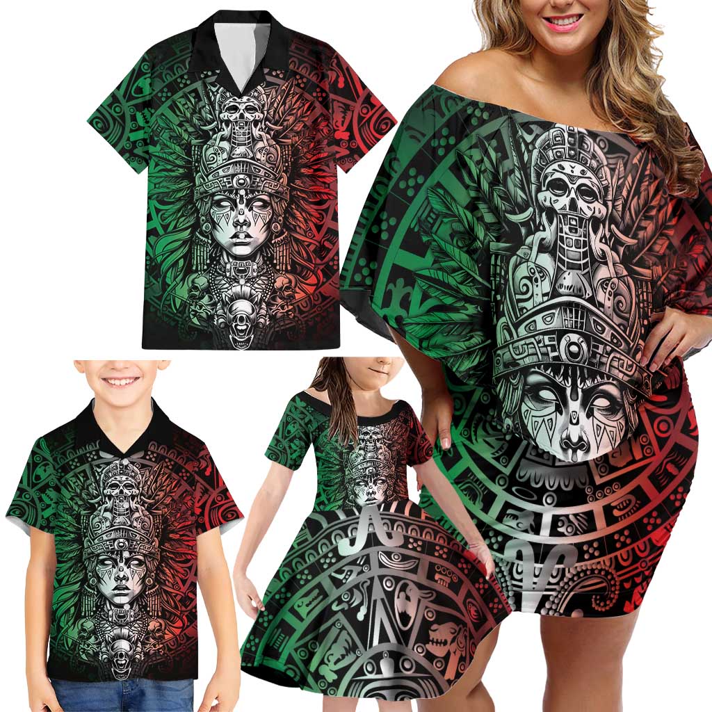 Mexico Aztec Warrior Goddess Family Matching Off Shoulder Short Dress and Hawaiian Shirt Aztec Skull Tribal Calender Tricolor Spirit