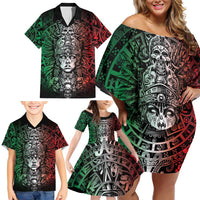 Mexico Aztec Warrior Goddess Family Matching Off Shoulder Short Dress and Hawaiian Shirt Aztec Skull Tribal Calender Tricolor Spirit