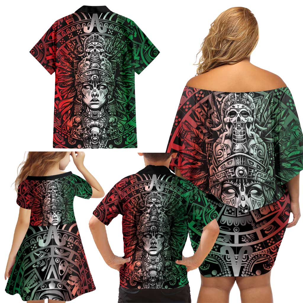 Mexico Aztec Warrior Goddess Family Matching Off Shoulder Short Dress and Hawaiian Shirt Aztec Skull Tribal Calender Tricolor Spirit