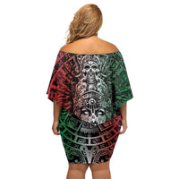 Mexico Aztec Warrior Goddess Family Matching Off Shoulder Short Dress and Hawaiian Shirt Aztec Skull Tribal Calender Tricolor Spirit