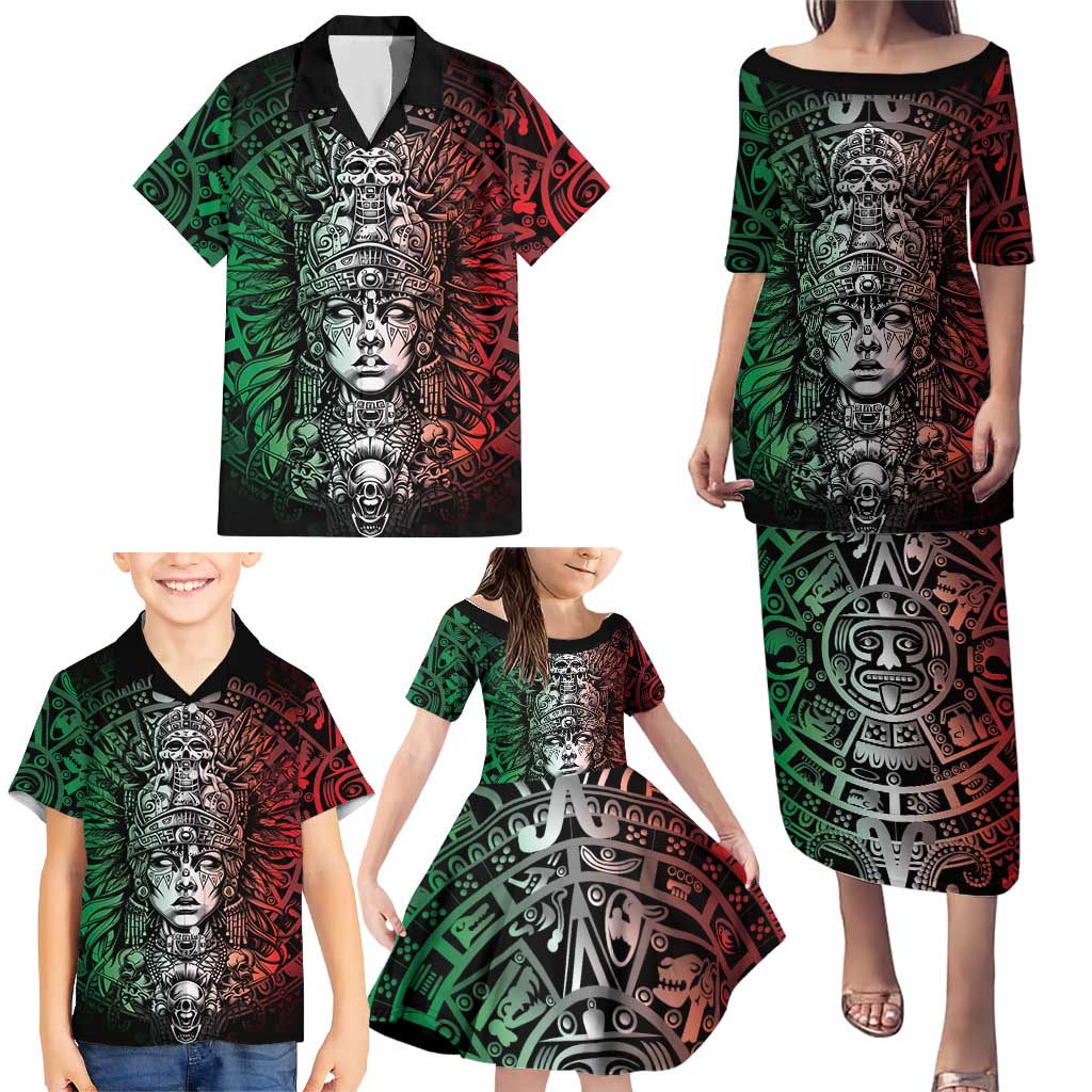 Mexico Aztec Warrior Goddess Family Matching Puletasi and Hawaiian Shirt Aztec Skull Tribal Calender Tricolor Spirit