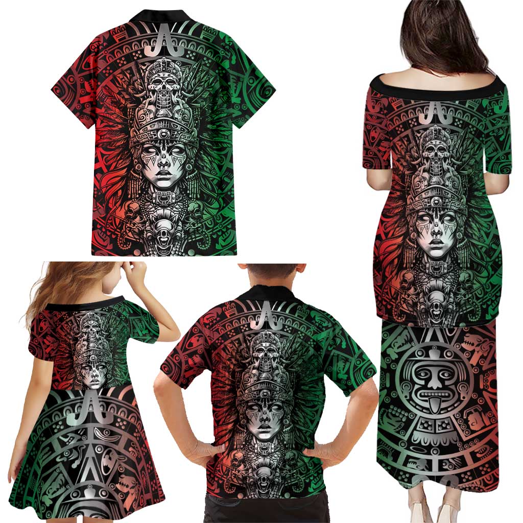 Mexico Aztec Warrior Goddess Family Matching Puletasi and Hawaiian Shirt Aztec Skull Tribal Calender Tricolor Spirit