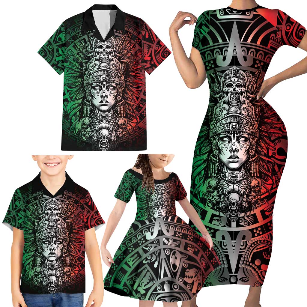 Mexico Aztec Warrior Goddess Family Matching Short Sleeve Bodycon Dress and Hawaiian Shirt Aztec Skull Tribal Calender Tricolor Spirit