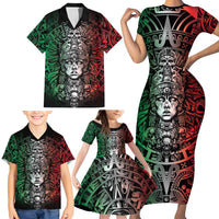 Mexico Aztec Warrior Goddess Family Matching Short Sleeve Bodycon Dress and Hawaiian Shirt Aztec Skull Tribal Calender Tricolor Spirit