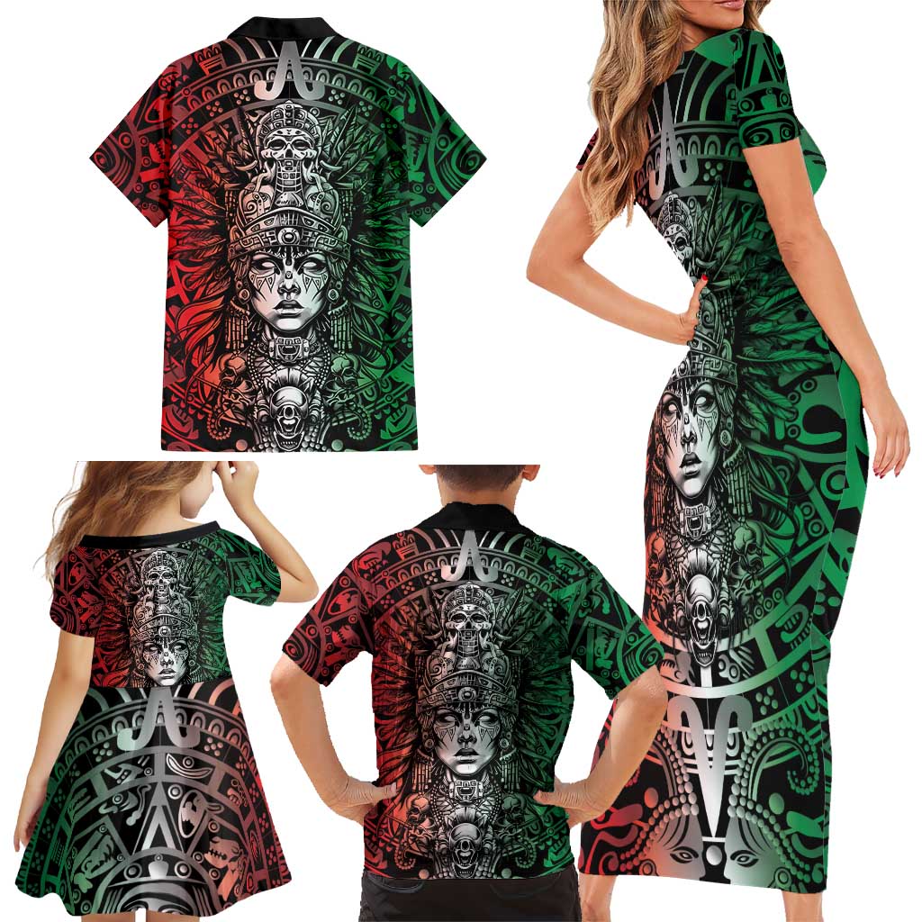 Mexico Aztec Warrior Goddess Family Matching Short Sleeve Bodycon Dress and Hawaiian Shirt Aztec Skull Tribal Calender Tricolor Spirit