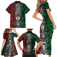 Mexico Aztec Warrior Goddess Family Matching Short Sleeve Bodycon Dress and Hawaiian Shirt Aztec Skull Tribal Calender Tricolor Spirit