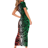 Mexico Aztec Warrior Goddess Family Matching Short Sleeve Bodycon Dress and Hawaiian Shirt Aztec Skull Tribal Calender Tricolor Spirit
