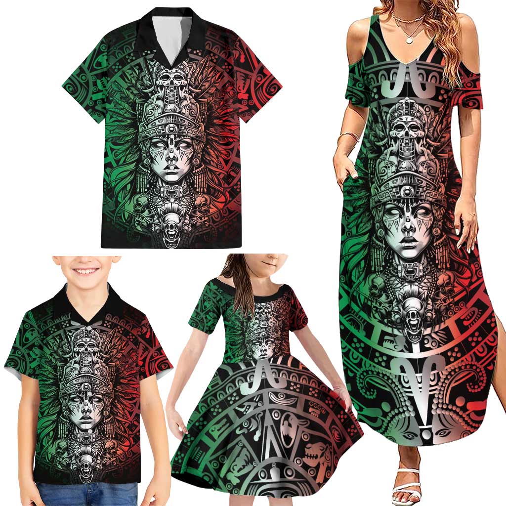 Mexico Aztec Warrior Goddess Family Matching Summer Maxi Dress and Hawaiian Shirt Aztec Skull Tribal Calender Tricolor Spirit
