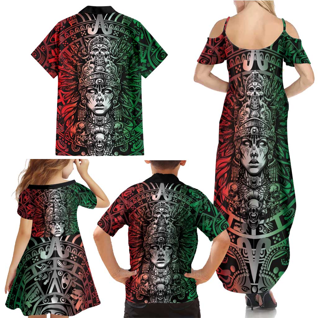 Mexico Aztec Warrior Goddess Family Matching Summer Maxi Dress and Hawaiian Shirt Aztec Skull Tribal Calender Tricolor Spirit