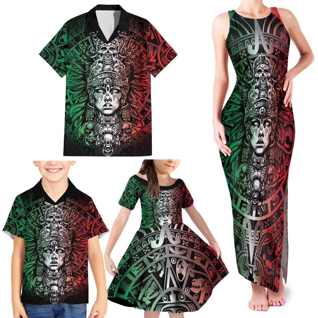 Mexico Aztec Warrior Goddess Family Matching Tank Maxi Dress and Hawaiian Shirt Aztec Skull Tribal Calender Tricolor Spirit
