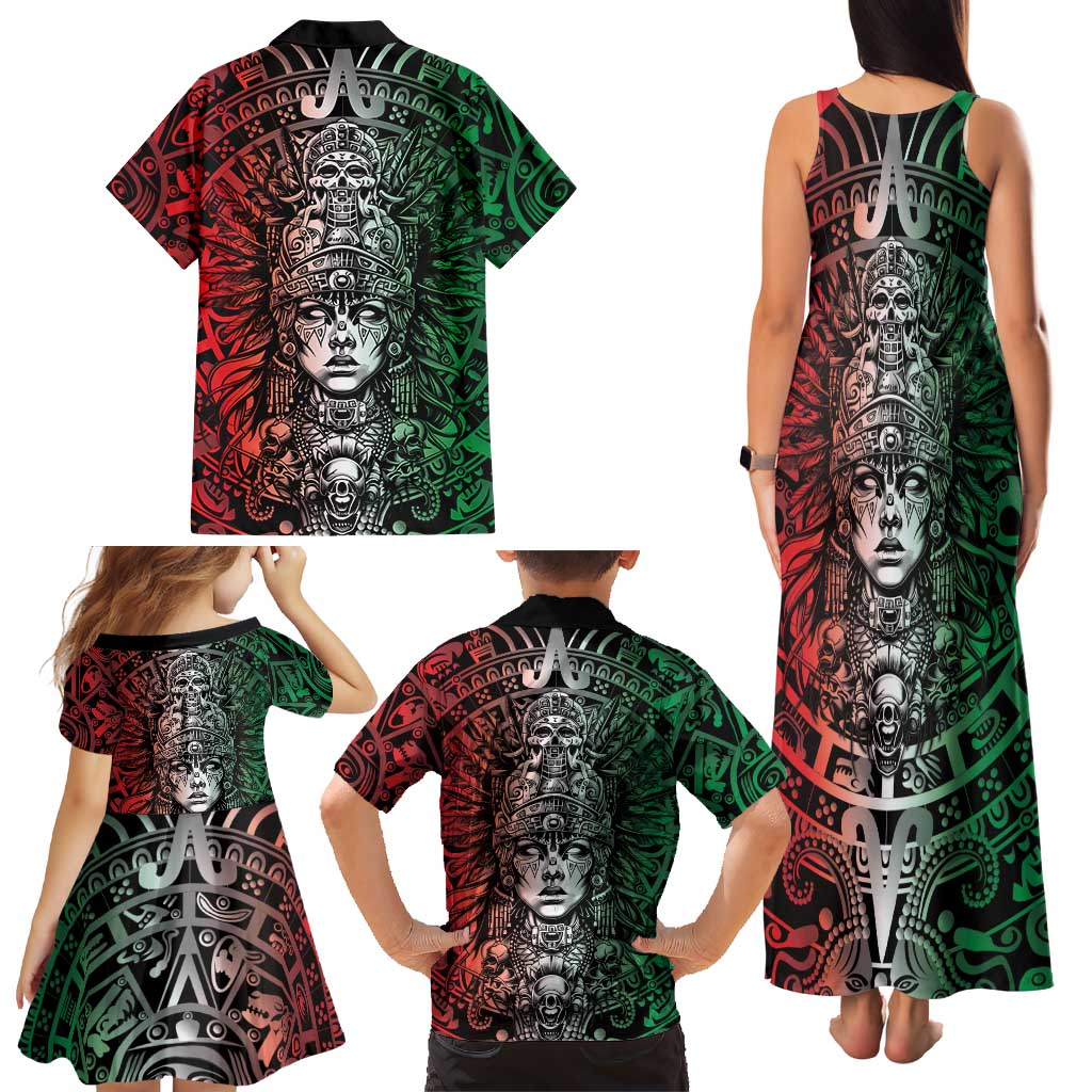 Mexico Aztec Warrior Goddess Family Matching Tank Maxi Dress and Hawaiian Shirt Aztec Skull Tribal Calender Tricolor Spirit