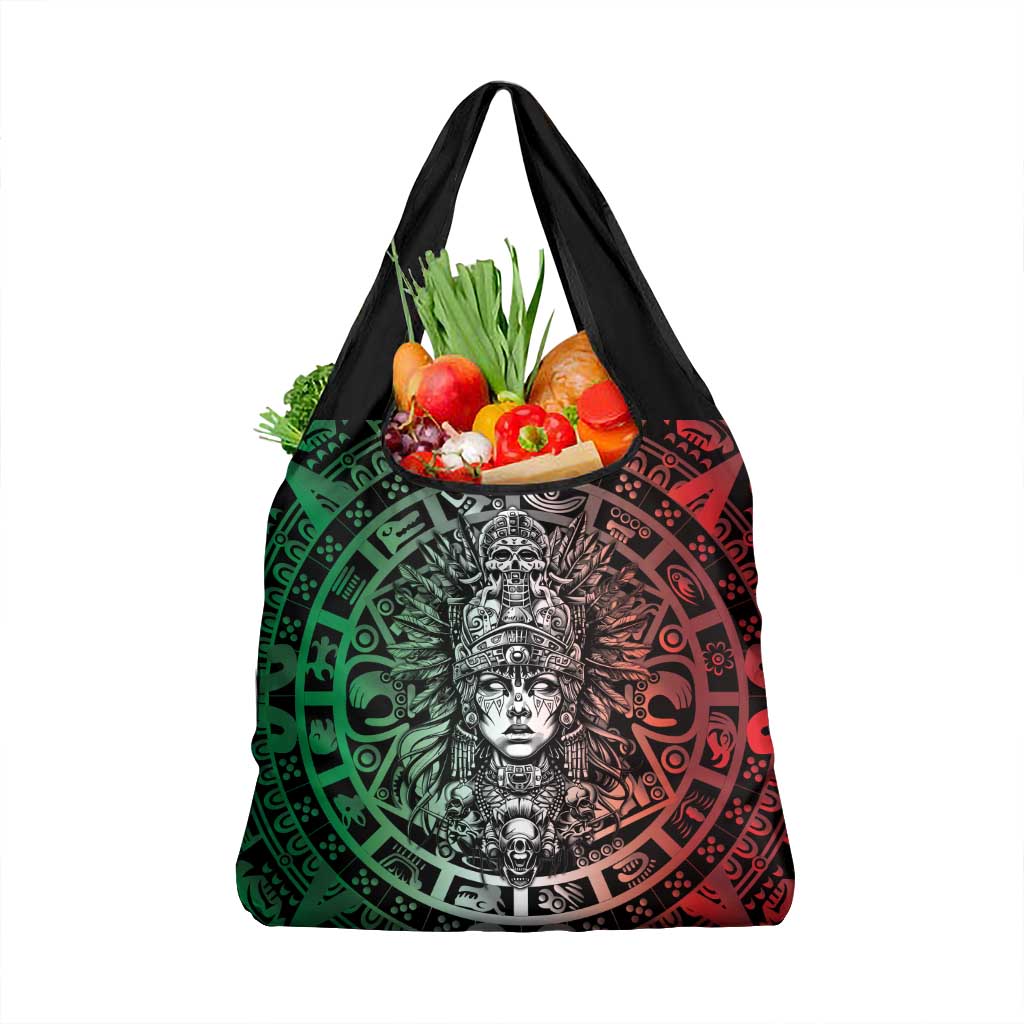 Mexico Aztec Warrior Goddess Grocery Bag Aztec Skull Tribal Calender Tricolor Spirit - Wonder Print Shop