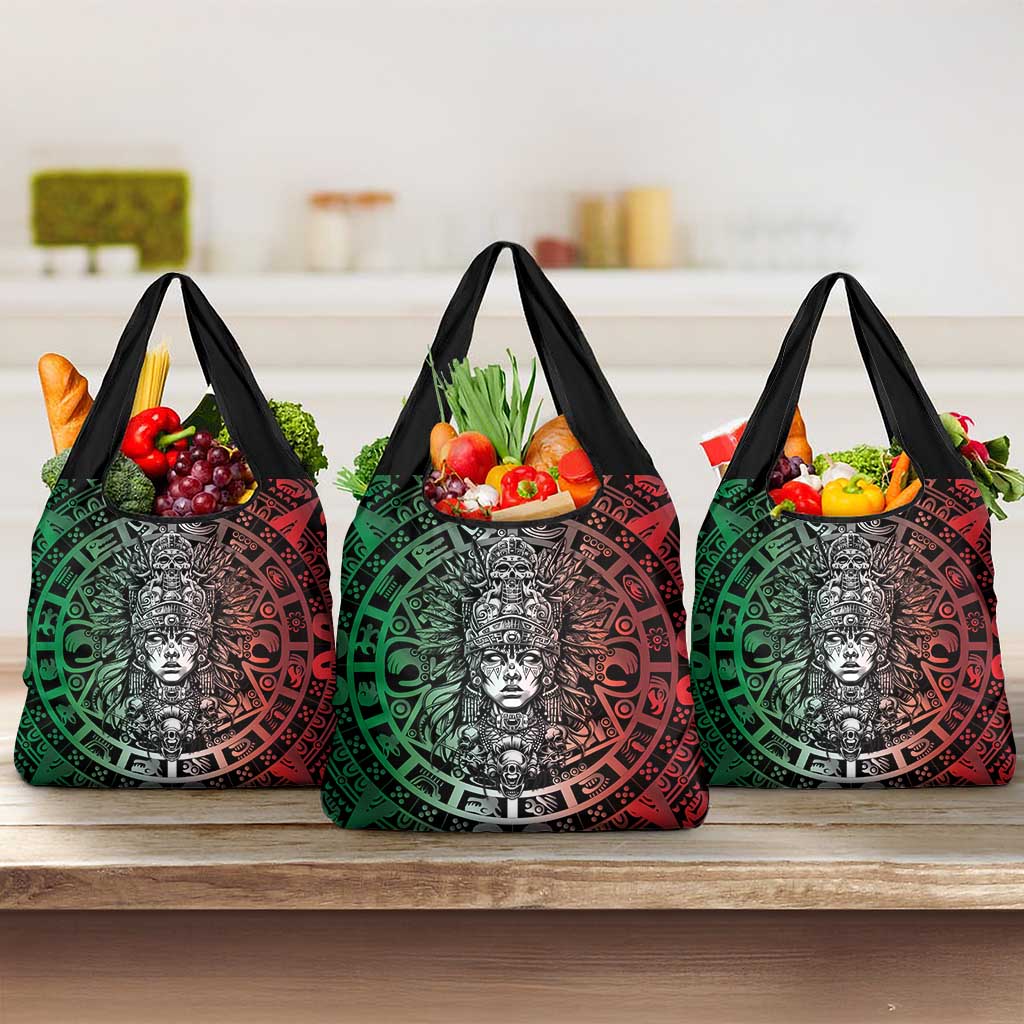 Mexico Aztec Warrior Goddess Grocery Bag Aztec Skull Tribal Calender Tricolor Spirit - Wonder Print Shop