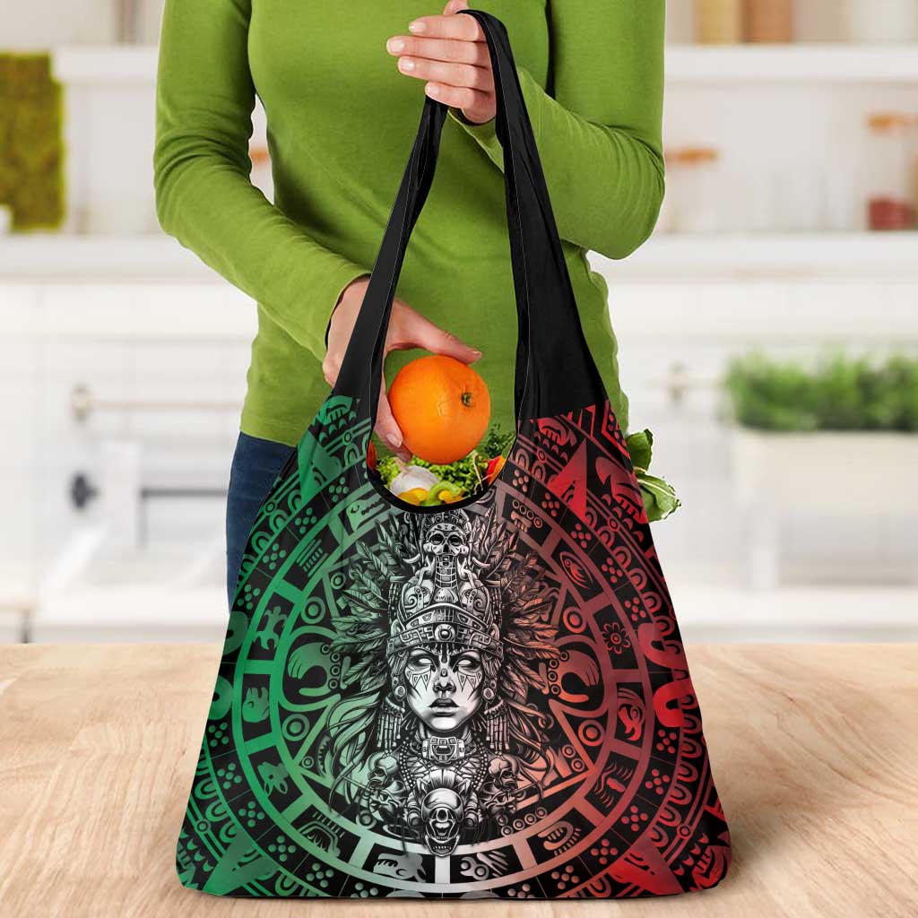 Mexico Aztec Warrior Goddess Grocery Bag Aztec Skull Tribal Calender Tricolor Spirit - Wonder Print Shop