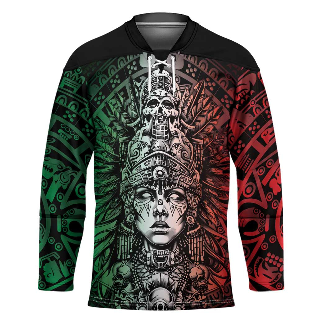Mexico Aztec Warrior Goddess Hockey Jersey Aztec Skull Tribal Calender Tricolor Spirit - Wonder Print Shop