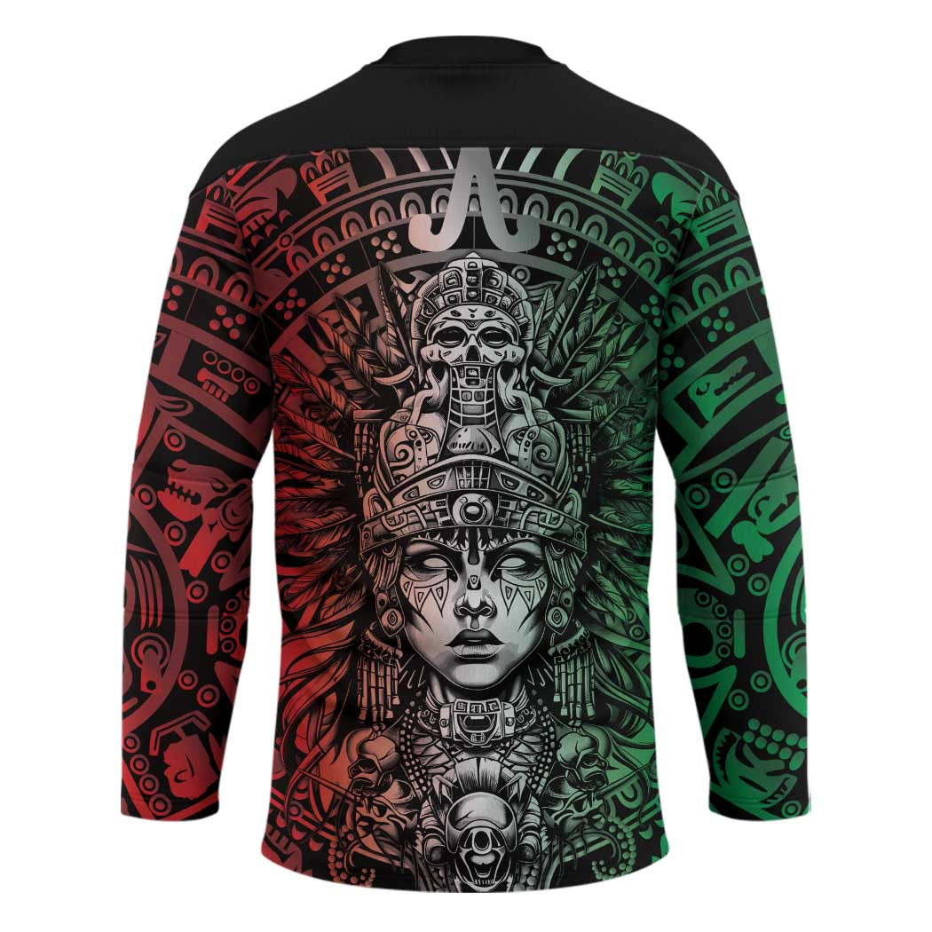 Mexico Aztec Warrior Goddess Hockey Jersey Aztec Skull Tribal Calender Tricolor Spirit - Wonder Print Shop
