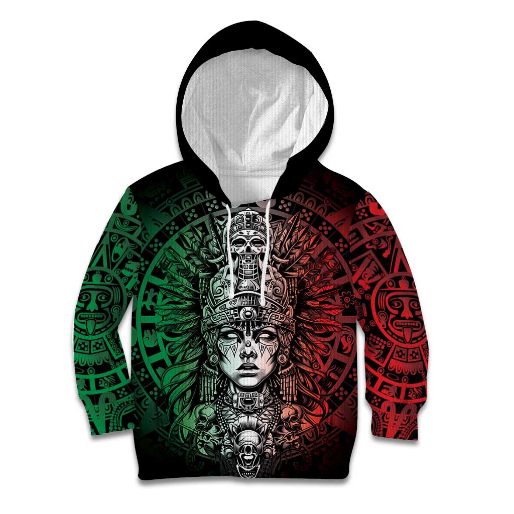 Mexico Aztec Warrior Goddess Kid Hoodie Aztec Skull Tribal Calender Tricolor Spirit - Wonder Print Shop