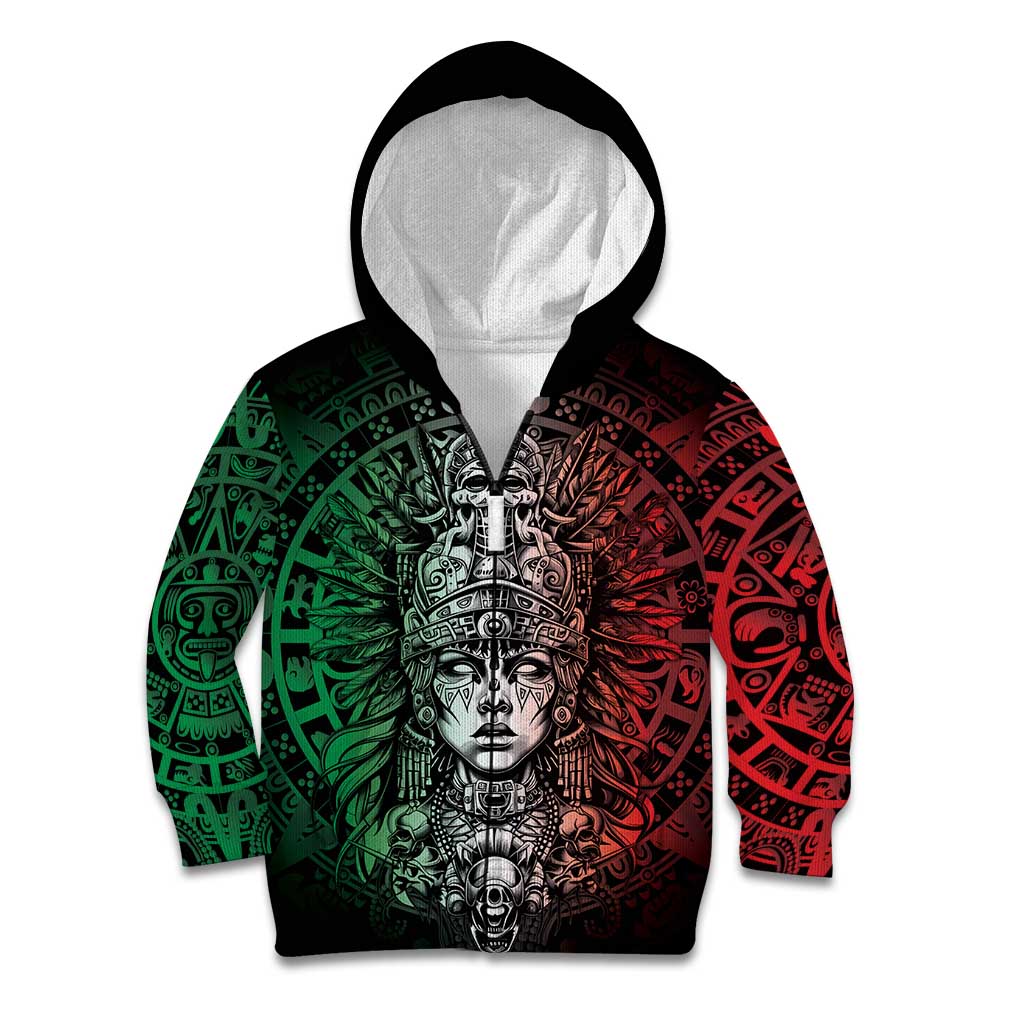 Mexico Aztec Warrior Goddess Kid Hoodie Aztec Skull Tribal Calender Tricolor Spirit - Wonder Print Shop