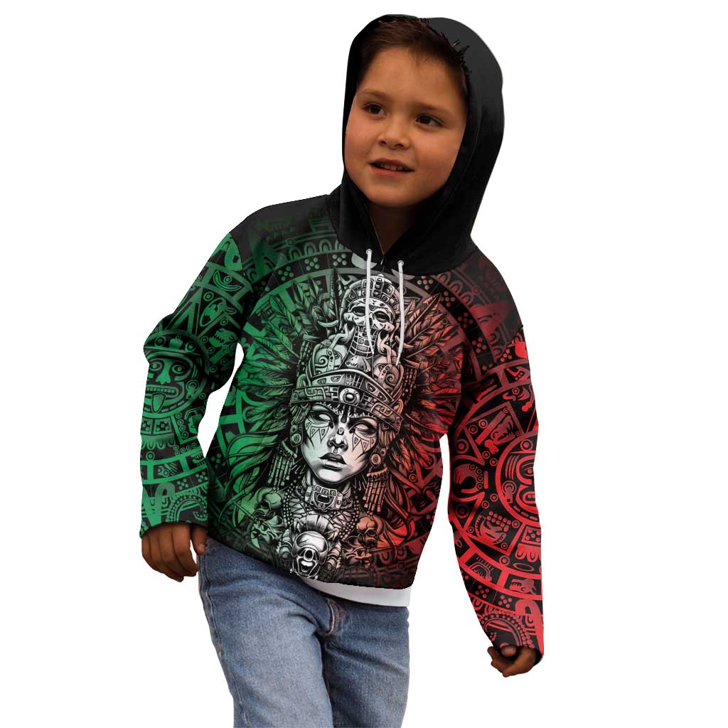 Mexico Aztec Warrior Goddess Kid Hoodie Aztec Skull Tribal Calender Tricolor Spirit - Wonder Print Shop