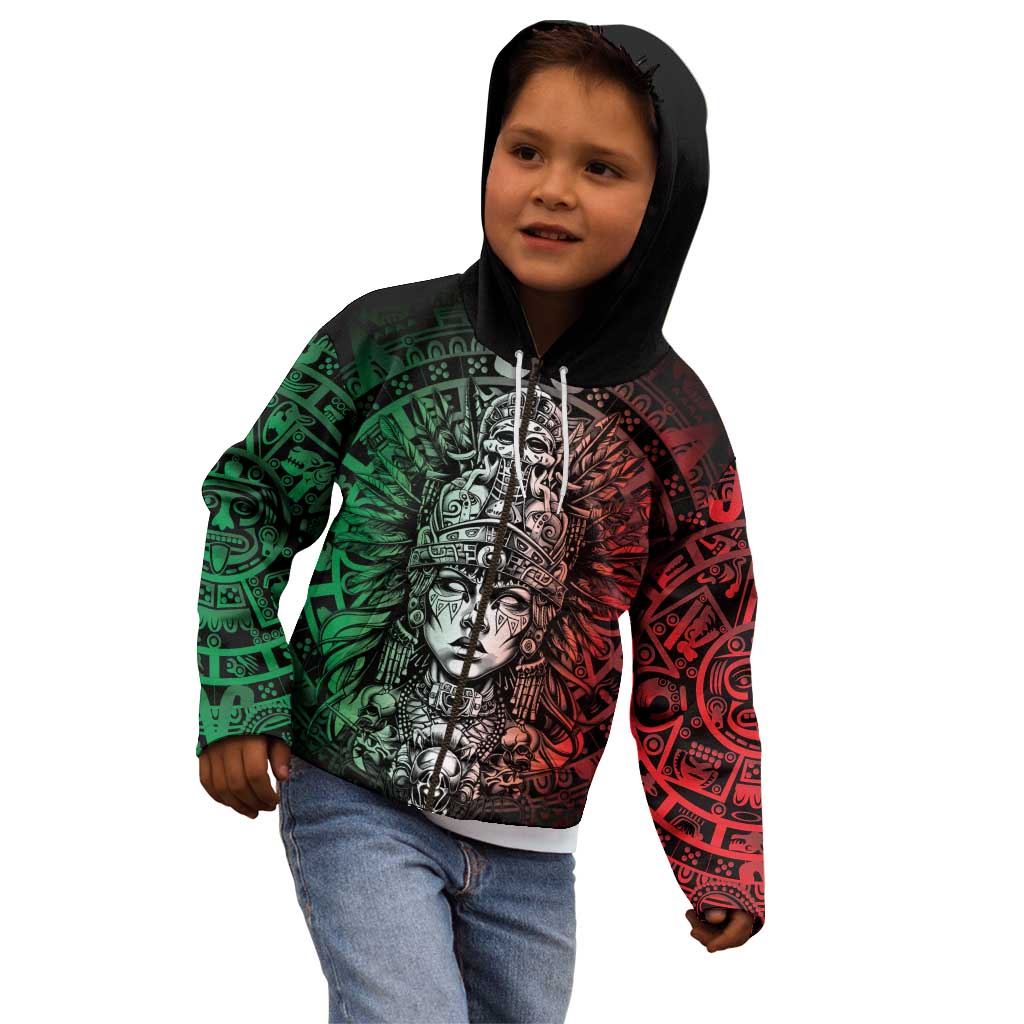 Mexico Aztec Warrior Goddess Kid Hoodie Aztec Skull Tribal Calender Tricolor Spirit - Wonder Print Shop