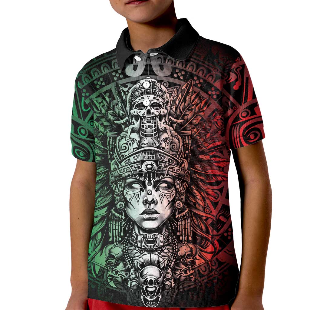 Mexico Aztec Warrior Goddess Kid Polo Shirt Aztec Skull Tribal Calender Tricolor Spirit - Wonder Print Shop