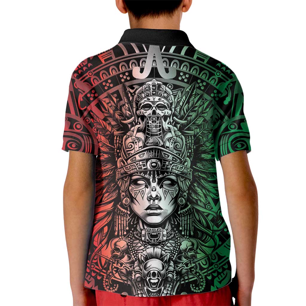 Mexico Aztec Warrior Goddess Kid Polo Shirt Aztec Skull Tribal Calender Tricolor Spirit - Wonder Print Shop