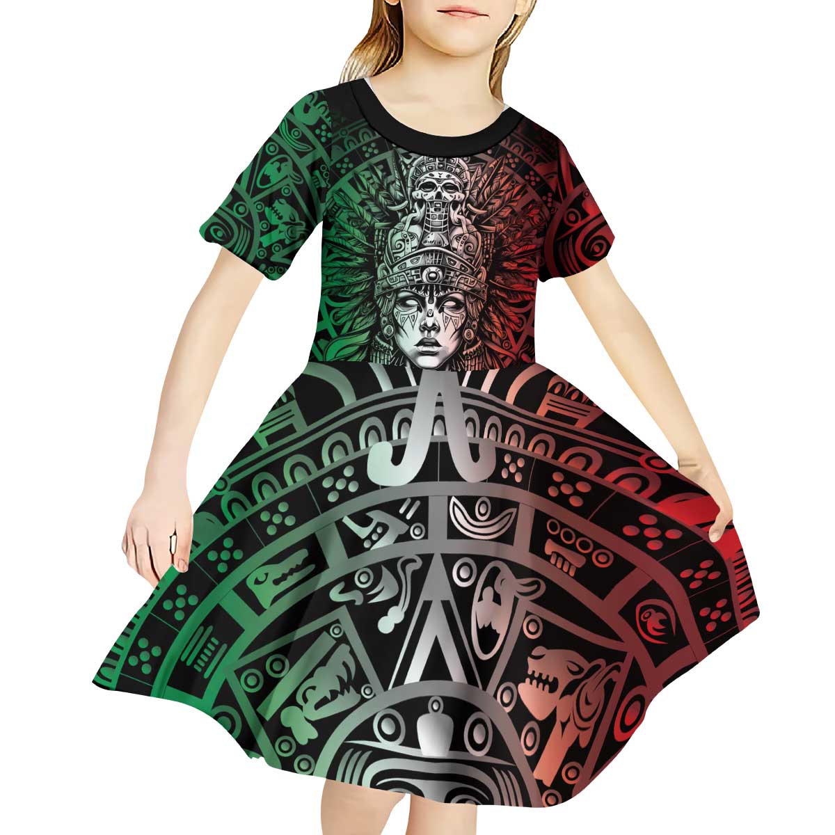 Mexico Aztec Warrior Goddess Kid Short Sleeve Dress Aztec Skull Tribal Calender Tricolor Spirit - Wonder Print Shop