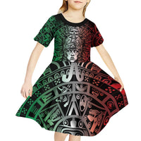 Mexico Aztec Warrior Goddess Kid Short Sleeve Dress Aztec Skull Tribal Calender Tricolor Spirit - Wonder Print Shop