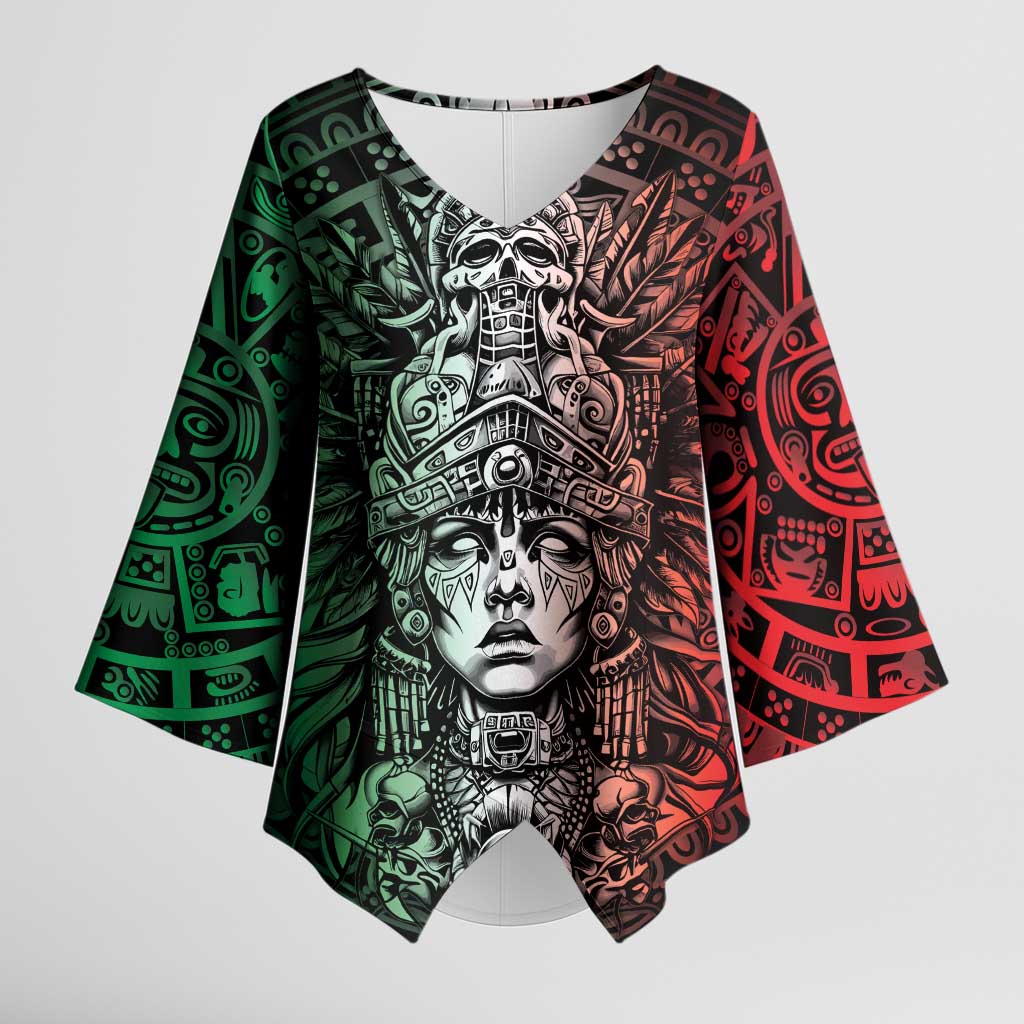 Mexico Aztec Warrior Goddess Kimono Sleeve Blouse Aztec Skull Tribal Calender Tricolor Spirit - Wonder Print Shop