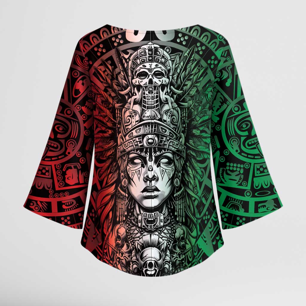 Mexico Aztec Warrior Goddess Kimono Sleeve Blouse Aztec Skull Tribal Calender Tricolor Spirit - Wonder Print Shop