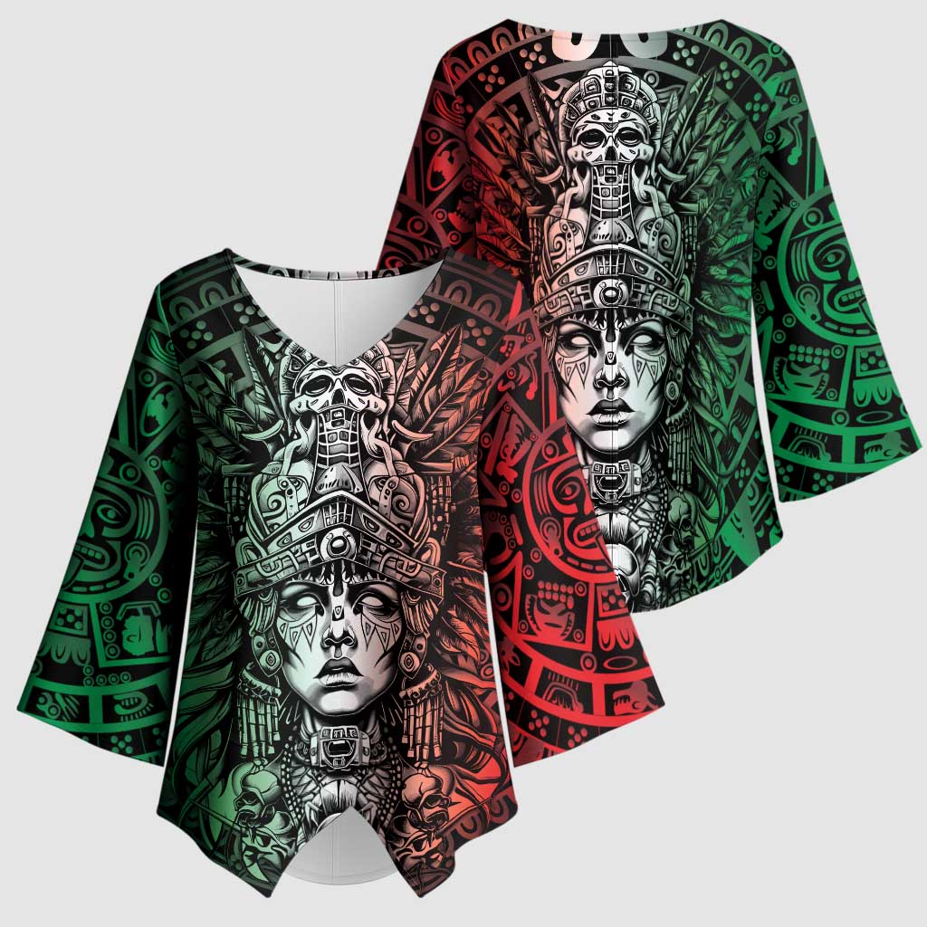 Mexico Aztec Warrior Goddess Kimono Sleeve Blouse Aztec Skull Tribal Calender Tricolor Spirit - Wonder Print Shop
