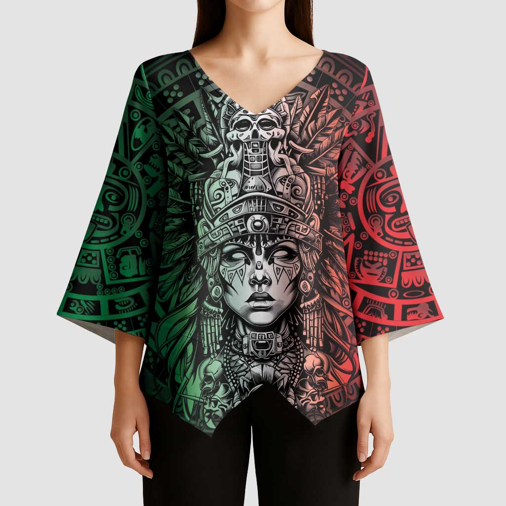 Mexico Aztec Warrior Goddess Kimono Sleeve Blouse Aztec Skull Tribal Calender Tricolor Spirit - Wonder Print Shop