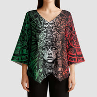 Mexico Aztec Warrior Goddess Kimono Sleeve Blouse Aztec Skull Tribal Calender Tricolor Spirit - Wonder Print Shop