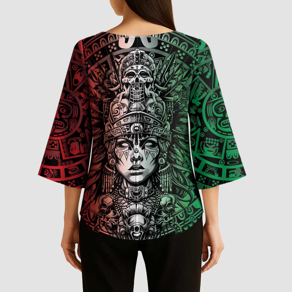 Mexico Aztec Warrior Goddess Kimono Sleeve Blouse Aztec Skull Tribal Calender Tricolor Spirit - Wonder Print Shop