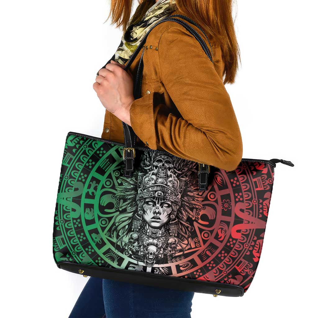 Mexico Aztec Warrior Goddess Leather Tote Bag Aztec Skull Tribal Calender Tricolor Spirit - Wonder Print Shop