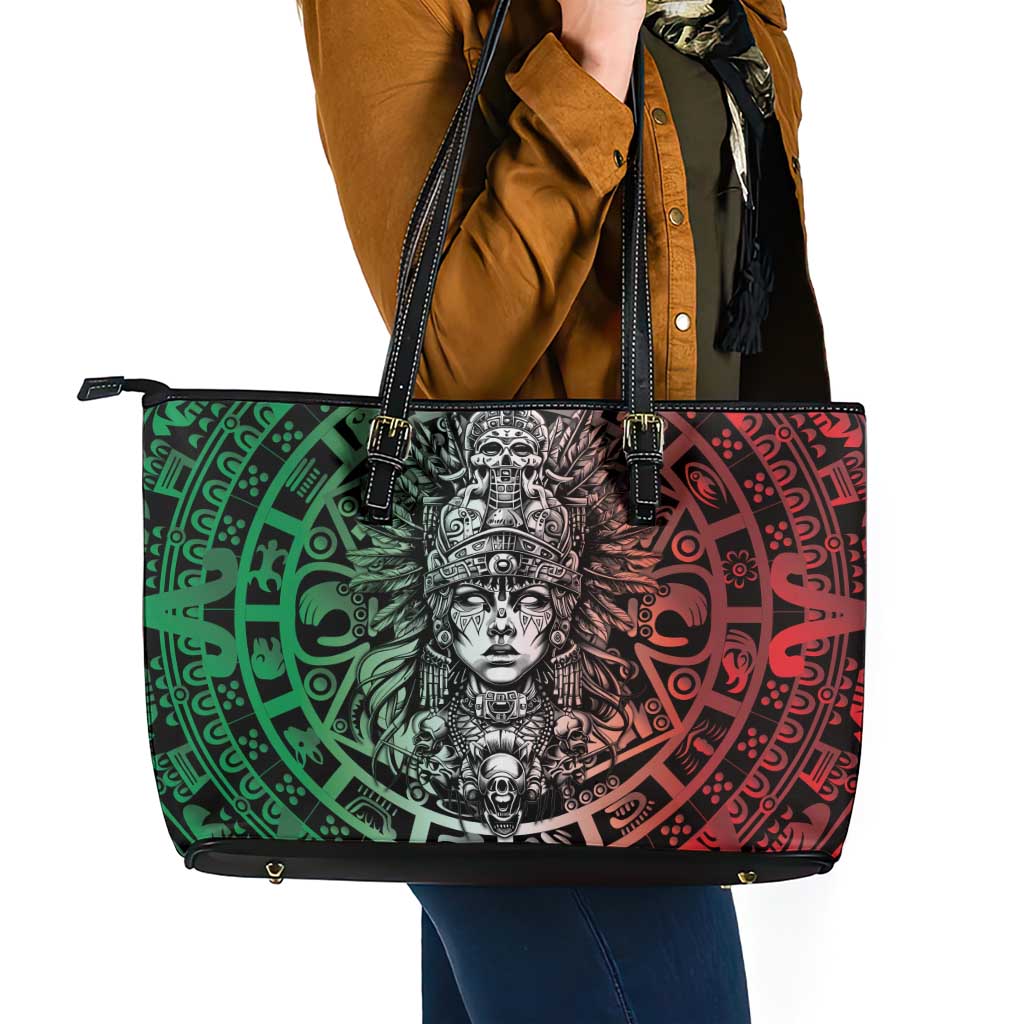 Mexico Aztec Warrior Goddess Leather Tote Bag Aztec Skull Tribal Calender Tricolor Spirit - Wonder Print Shop