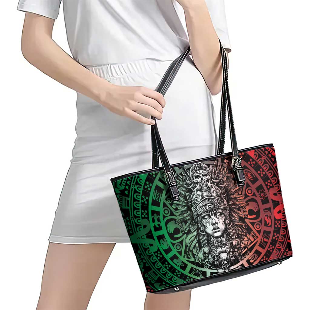 Mexico Aztec Warrior Goddess Leather Tote Bag Aztec Skull Tribal Calender Tricolor Spirit - Wonder Print Shop
