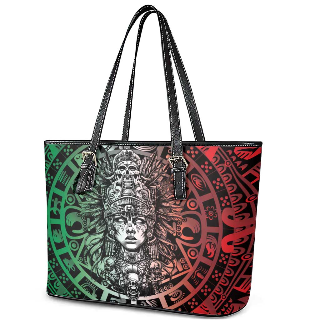 Mexico Aztec Warrior Goddess Leather Tote Bag Aztec Skull Tribal Calender Tricolor Spirit - Wonder Print Shop