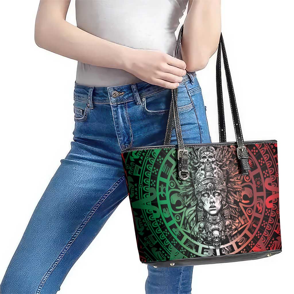 Mexico Aztec Warrior Goddess Leather Tote Bag Aztec Skull Tribal Calender Tricolor Spirit - Wonder Print Shop