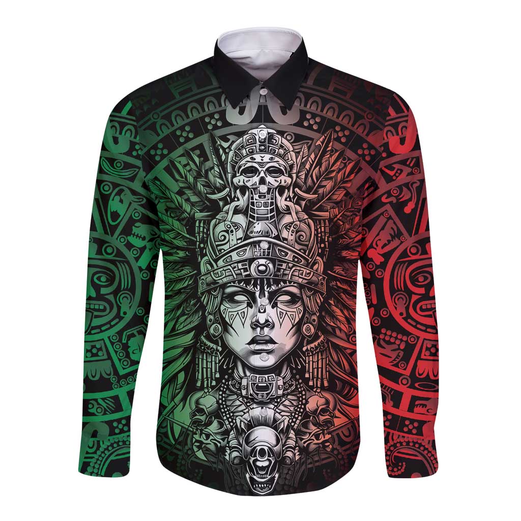 Mexico Aztec Warrior Goddess Long Sleeve Button Shirt Aztec Skull Tribal Calender Tricolor Spirit - Wonder Print Shop