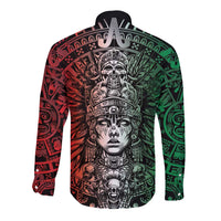 Mexico Aztec Warrior Goddess Long Sleeve Button Shirt Aztec Skull Tribal Calender Tricolor Spirit - Wonder Print Shop