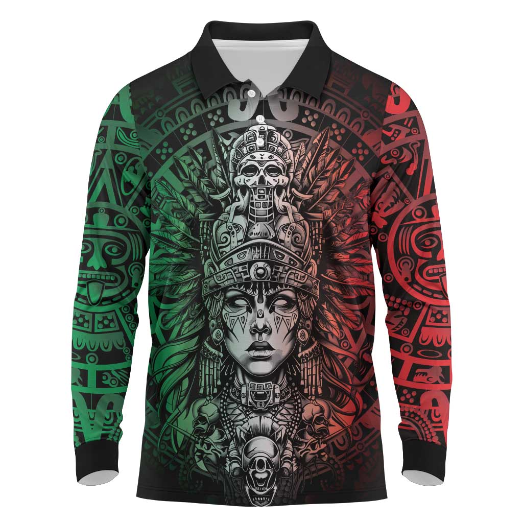 Mexico Aztec Warrior Goddess Long Sleeve Polo Shirt Aztec Skull Tribal Calender Tricolor Spirit - Wonder Print Shop