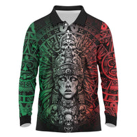 Mexico Aztec Warrior Goddess Long Sleeve Polo Shirt Aztec Skull Tribal Calender Tricolor Spirit - Wonder Print Shop
