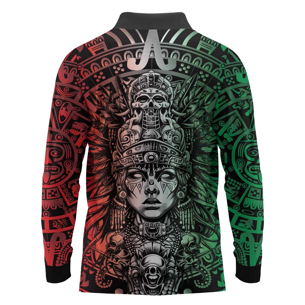 Mexico Aztec Warrior Goddess Long Sleeve Polo Shirt Aztec Skull Tribal Calender Tricolor Spirit - Wonder Print Shop