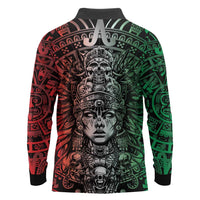 Mexico Aztec Warrior Goddess Long Sleeve Polo Shirt Aztec Skull Tribal Calender Tricolor Spirit - Wonder Print Shop