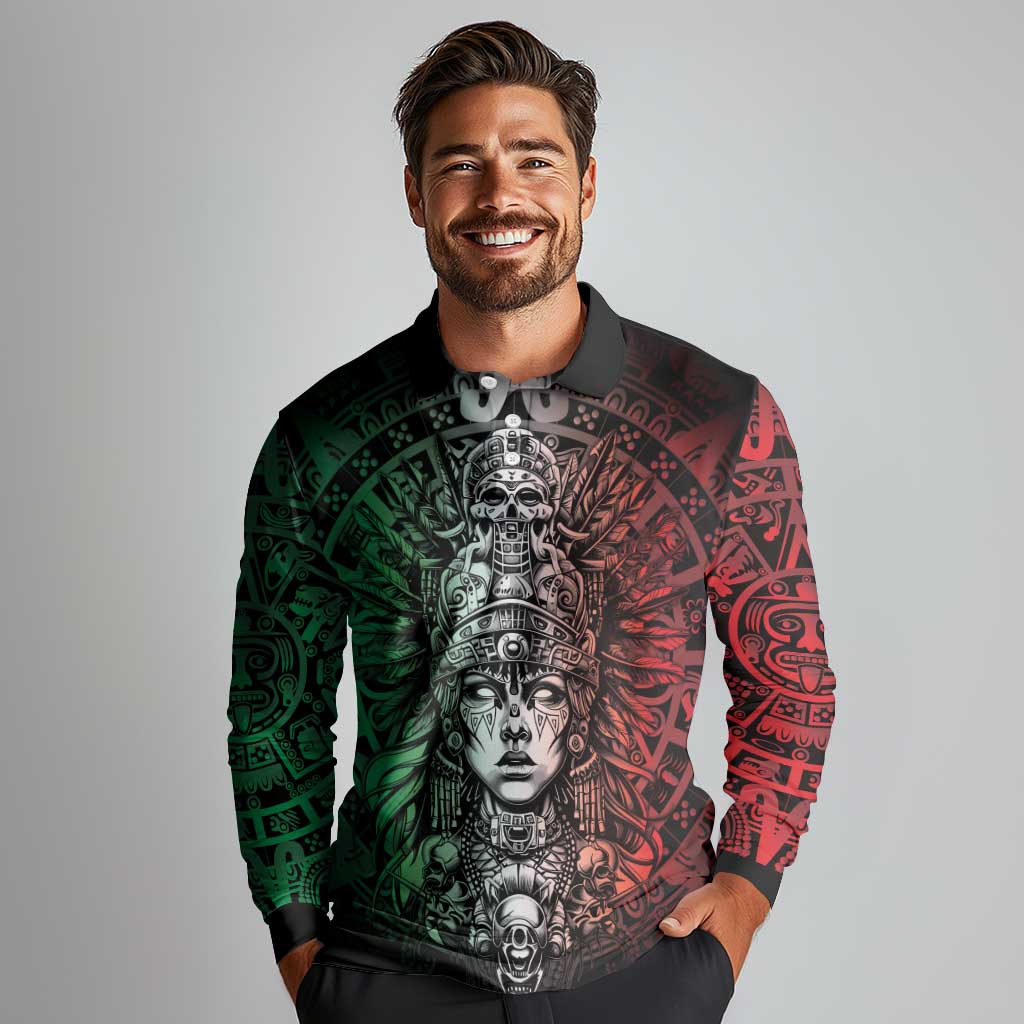 Mexico Aztec Warrior Goddess Long Sleeve Polo Shirt Aztec Skull Tribal Calender Tricolor Spirit - Wonder Print Shop